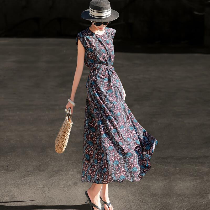 French Print Cross-Strap A-Line Dress