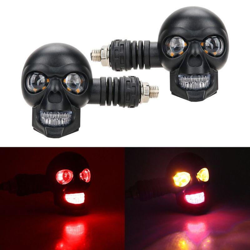 2Pcs Universal Fit Motorcycle Turn Signal Lights Dual Color Light Skull Shape Motorcycle Indicator Lamp DC 12V Easy Installation