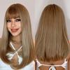 European and American Style Women Long Straight Wig with Blunt Bangs Front Lace Heat Resistant Synthetic Fiber Ombre Gray Wigs