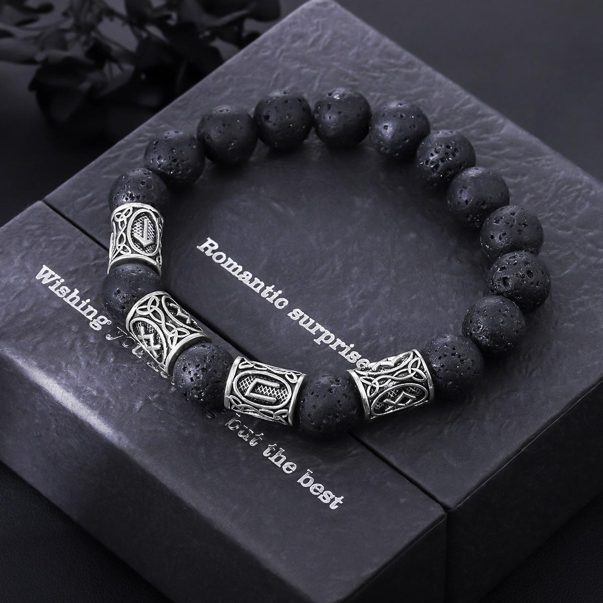Мужской и женский браслет из вулканического камня с выгравированными амулетами и передающими бусинами Простой ювелирный браслет