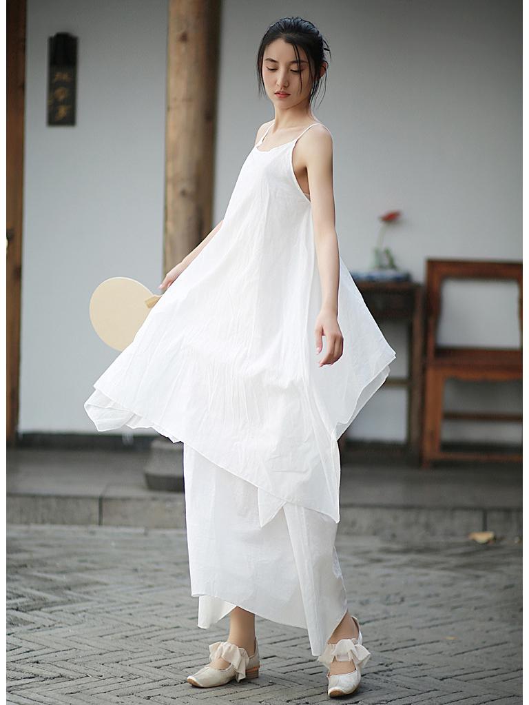 Jarní a letní zenová bavlněná dvouvrstvá asymetrická sukně na ramínka