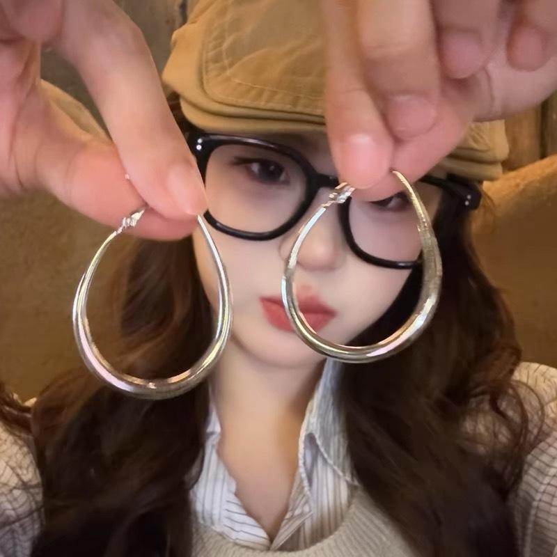 Minimalist Silver Double Layer Large Earrings Women's Summer Versatile Square and Round Face Plain Hoop Earrings