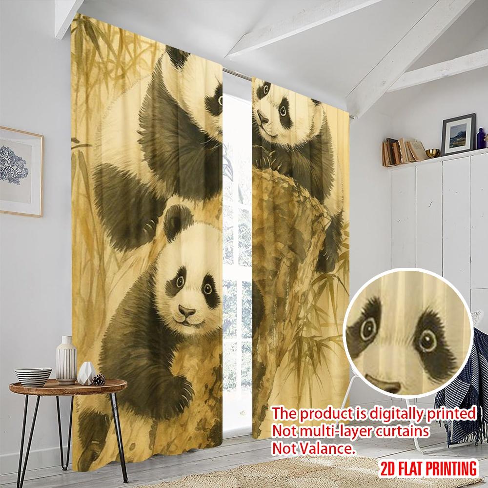 2pcs,2D Plane Printing Curtain Popular Panda Trio Playtime Polyester Woven (without Rod) Festive Perfect for Living Room,