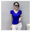 Summer Short Sleeved V Neck Women's T Shirt Elegant Slim Hot Drilling Ruffles Mesh Tees