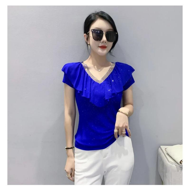 Summer Short Sleeved V Neck Women's T Shirt Elegant Slim Hot Drilling Ruffles Mesh Tees