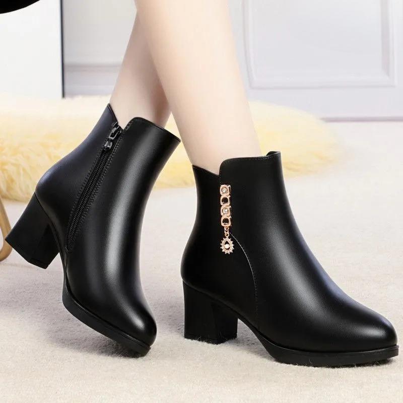 Duży Rozmiar 35-42 Damskie Zimowe Skórzane Buty Plus Aksamit Antypoślizgowe Krótkie Botki na Grubym Obcasie