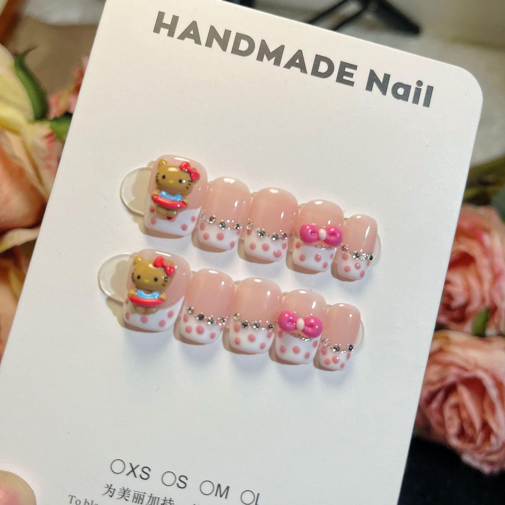 

Сделанные вручную носимые гелевые накладные ногти с черным мультяшным котом Small