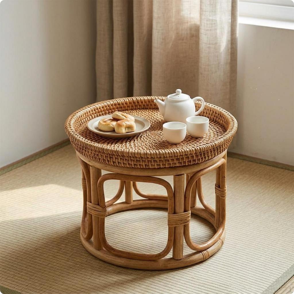 Rattan Side Table Handwoven Vintage Style Home Furniture for Tea Time, Living Room,