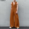 INCERUN Men Lapel Neck Sleeveless Button Up Casual Loose Long Rompers Jumpsuits