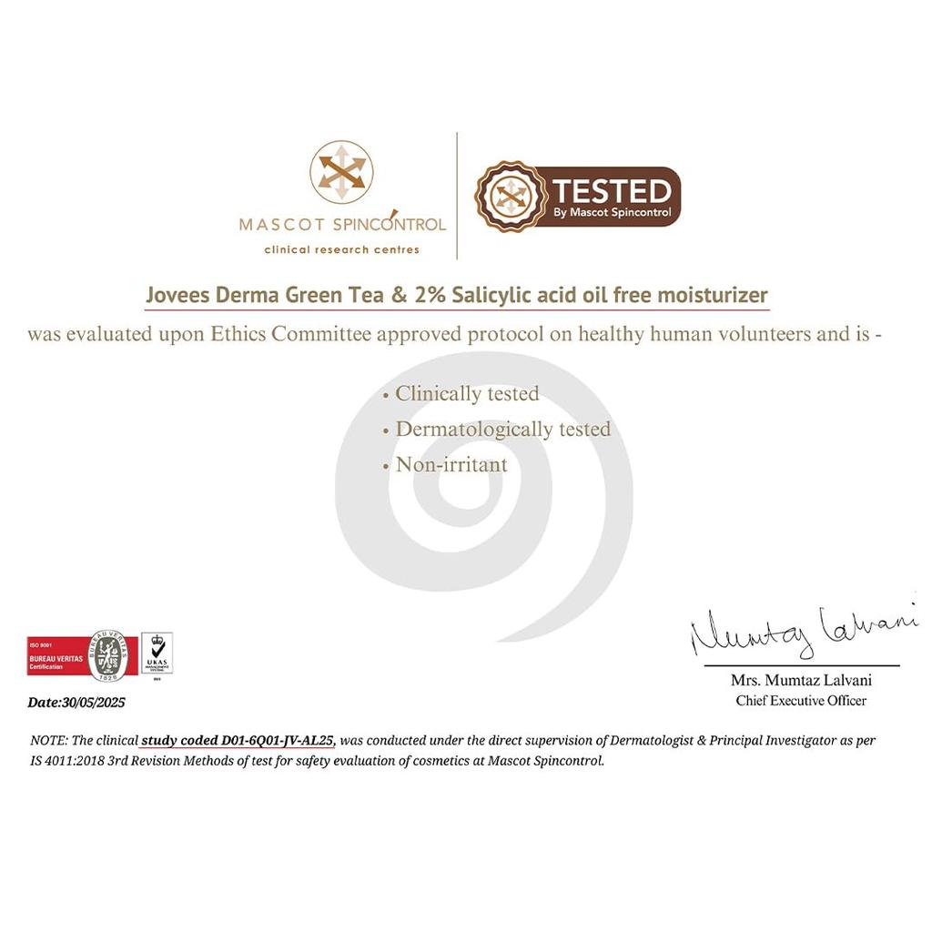 Jovees Green Tea Light Moisturizer For Oily Acne Prone Skin | Hydrating Non Sticky Cream With Niacinamide & Hyaluronic Acid 50g Pack