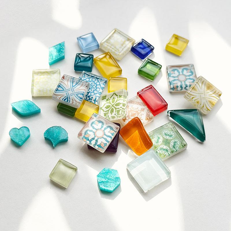 Two Styles Of Colored Glass Mosaic Tile Sets, 49 Pieces Of Bulk Colored Glass Mosaic Tiles, Handcrafted Art Craftsmanship