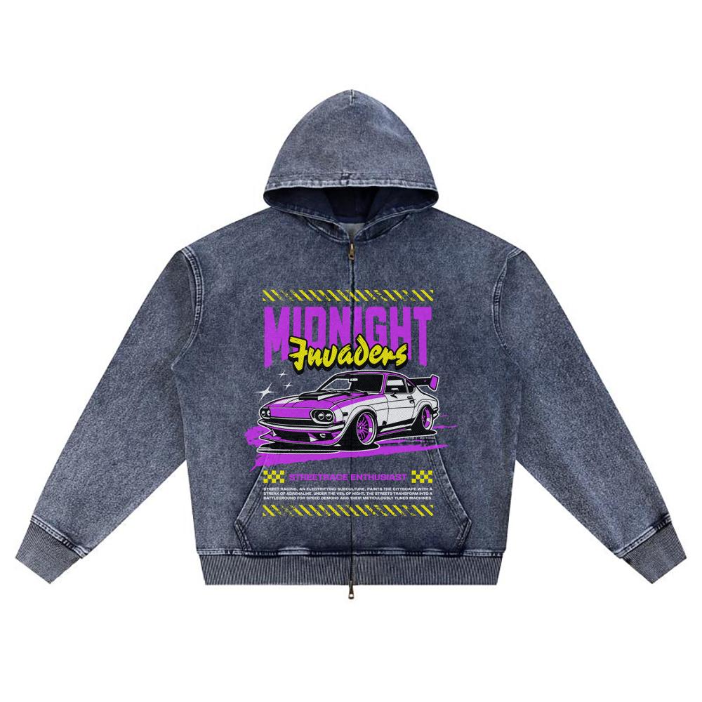 

DTG-печать Вязаный Деним Худи на Молнии Midnight Invaders Принт Brother Толстовки на Молнии XL темно-синий