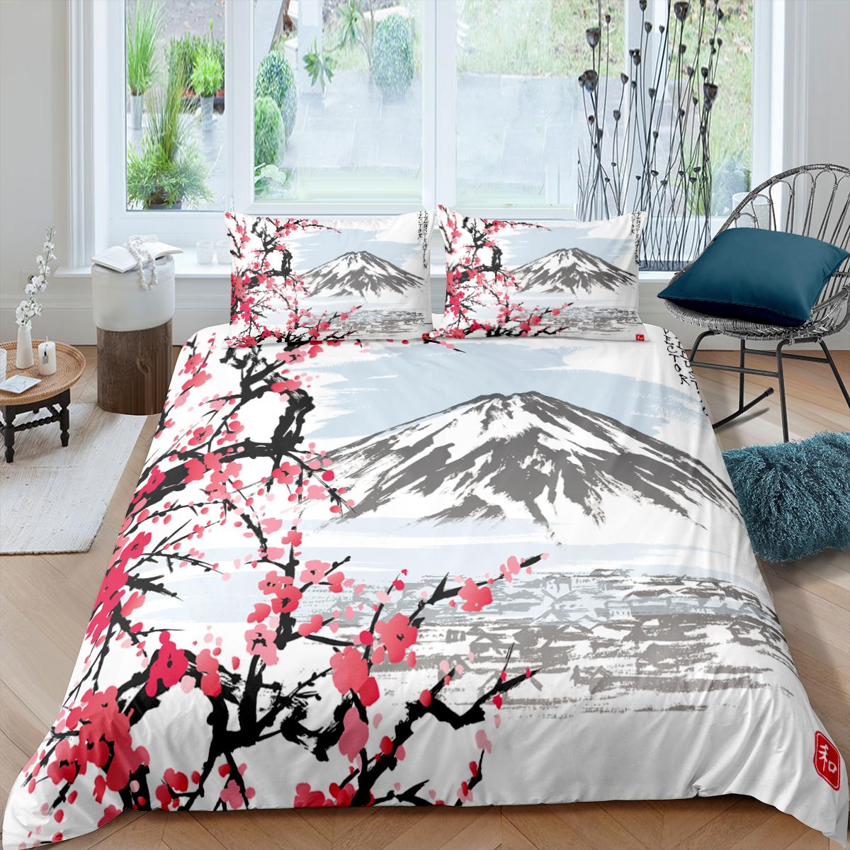 3D Japan Sakura Beding Set Flower Mountain Soft Duvet Cover featuring Pilowcase for Children Kids Adult Peoples King Quen Sized Dimensions Polyester 120*200cm Single