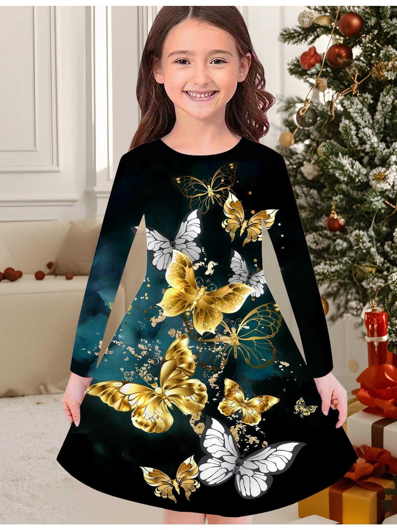 

Girls Autumn and Winter Fashion Dress, 3D Butterfly Print Round Neck Long Children s T-shirt Dress, Casual Versatile, Christmas Clothing 170 чёрный