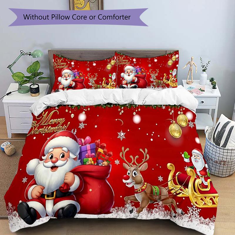 Christmas Santa Claus Reindeer Print 3Pcs Bedding Setduvet Cover With 2 Bedropillowcase Home Birthday Gift