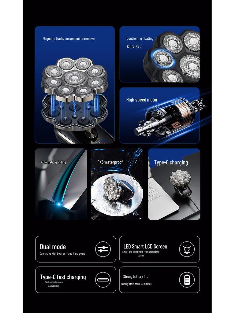Five-in-One Magnetic Electric Razor: Bald Head Shaver, Hair Clipper, Whitening Nose Trimmer
