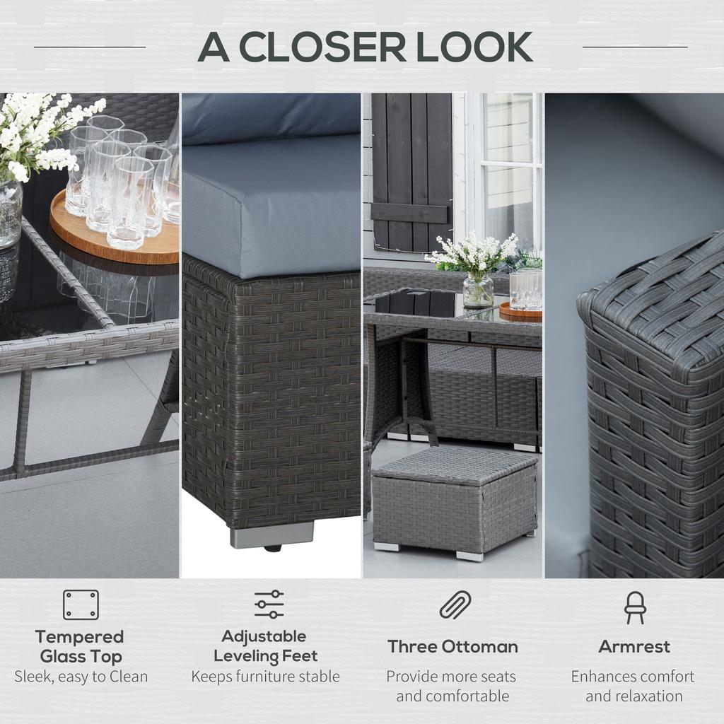 9-Seater Garden Rattan Furniture 10 Pcs Rattan Corner Dining Sofa Set, Grey/Dusty Blue Cushion