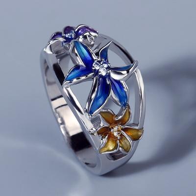 Exquisiter Damen-Zirkon-Schmuckring, handgefertigter Emaille-Epoxidharz-Ring in violetter Blumenfarbe, 925 versilbert, Cocktail-Party-Damen-Zirkon-Ring