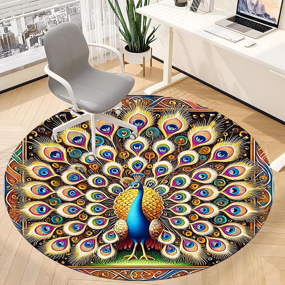 1pc Peacock Feather Office Round Area Rug, Under Office Chairs Bedroom Living Room Home Decor, Room Deco