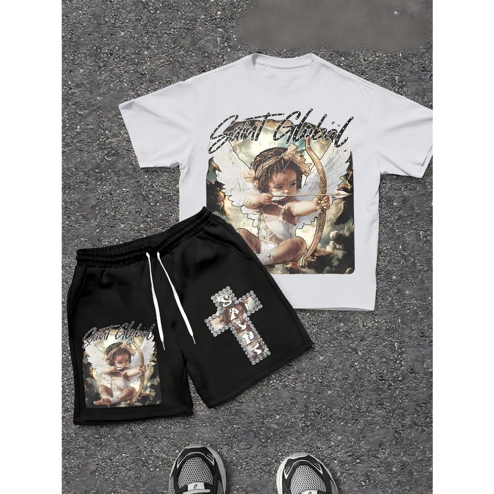 2026 Summer New Men's Short-Sleeved Set with 3D Angel Pattern Print for Street Casual Fashion Comfortable and Breathable