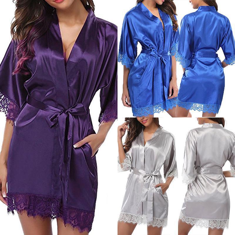 Plain Silk Womens Satin Robes Bridal Wedding Bridesmaid Bride Gown Bath Robe