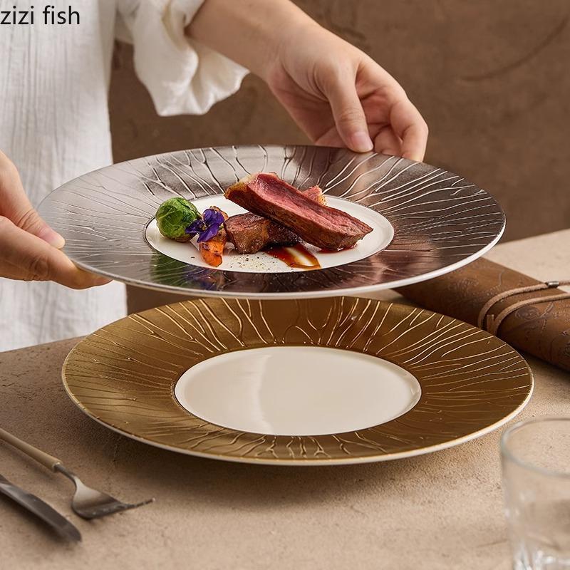 Golden Edged Tree Patterned Ceramic Dining Plate Steak Plate Salad Plate Dessert Plates Hotel Molecular Cuisine Tableware