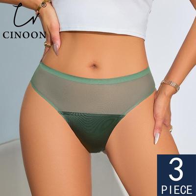 3Pcs/Lot Sexy Ice Silk Satin Briefs Mid-Waist Mesh Seamless Underwear Solid Color Patchwork Breathable Panties