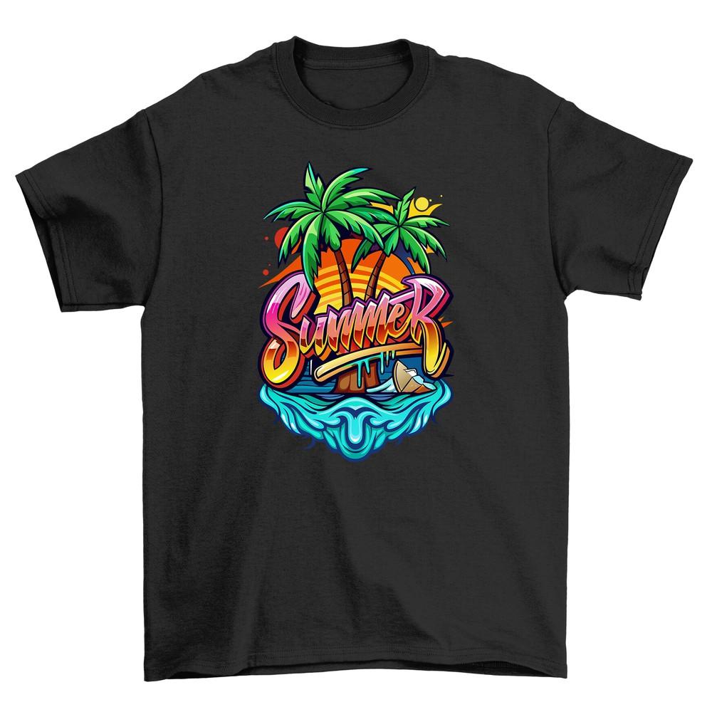 'Summer_80'' T-shirt: Embrace the Retro Vibe! Soft Cotton Tee with Tropical Islan