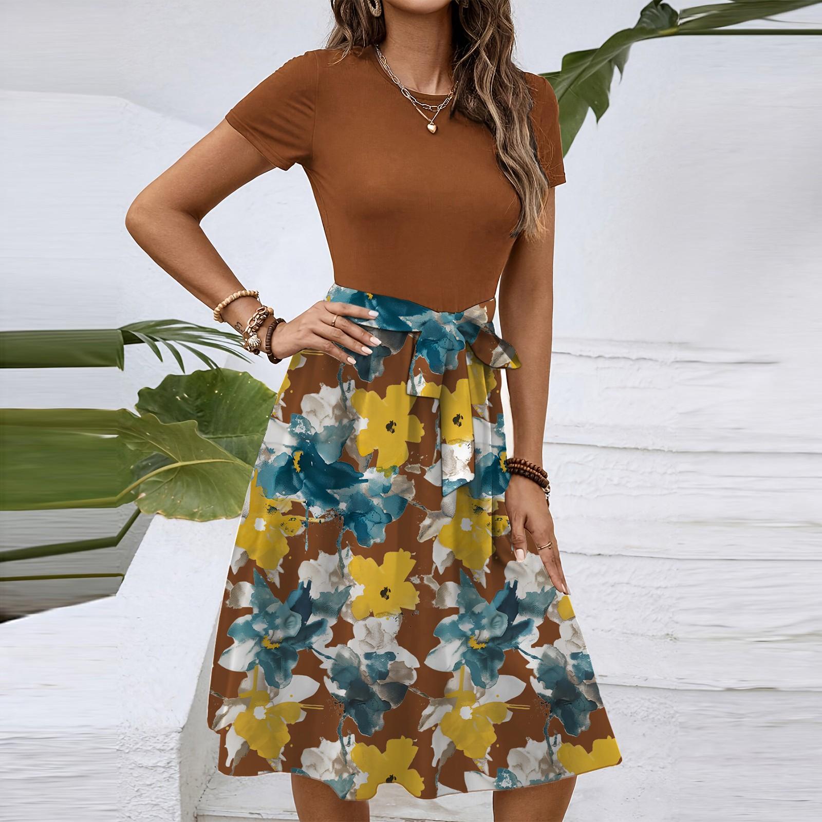 

Женское модное ретро-платье с принтом и цветным поясом XXL кофейный