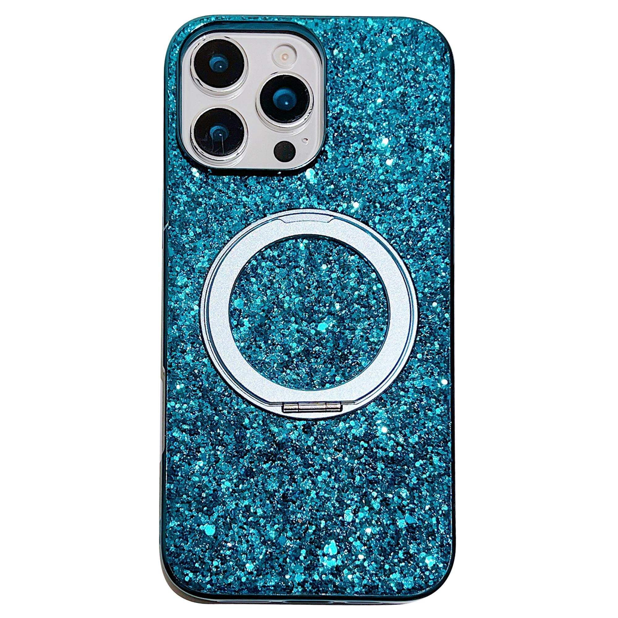

For iPhone 16 Pro Magnetic Case with Kickstand Glitter Electroplated TPU+PC Phone Cover Blue