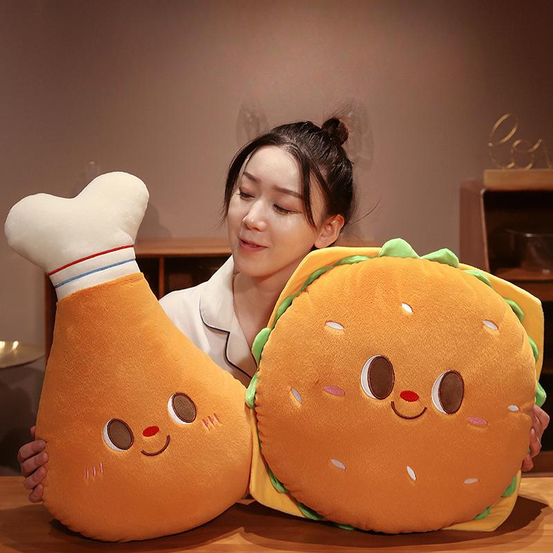 Bonita y divertida almohada gourmet con forma de hamburguesa, muslo de pollo, tostada, juguete de peluche, bonito cojín gourmet de dibujos animados