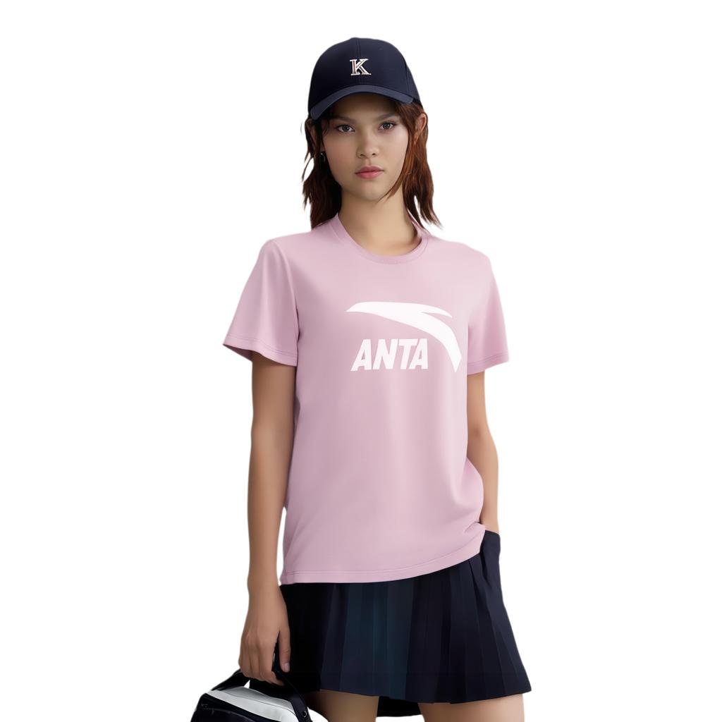 Anta Comfortable Casual Simple Versatile Round Neck Pullover Short Sleeve T-Shirt Women T-Shirts Pink 962528115-6