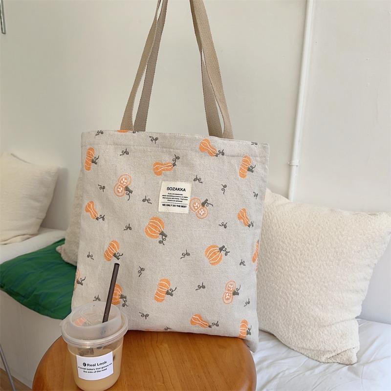

4 pumpkin embroidered canvas bag female college student class schoolbag shoulder handbag bag