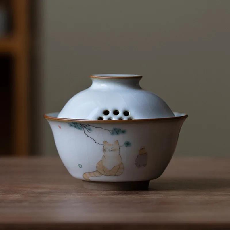 Retro Ru Kiln Ceramic Gaiwan Cute Cat Pattern Filter Teacup Travel Portable Tea Bowl Chinese Handmade Home Tea Set 100ml