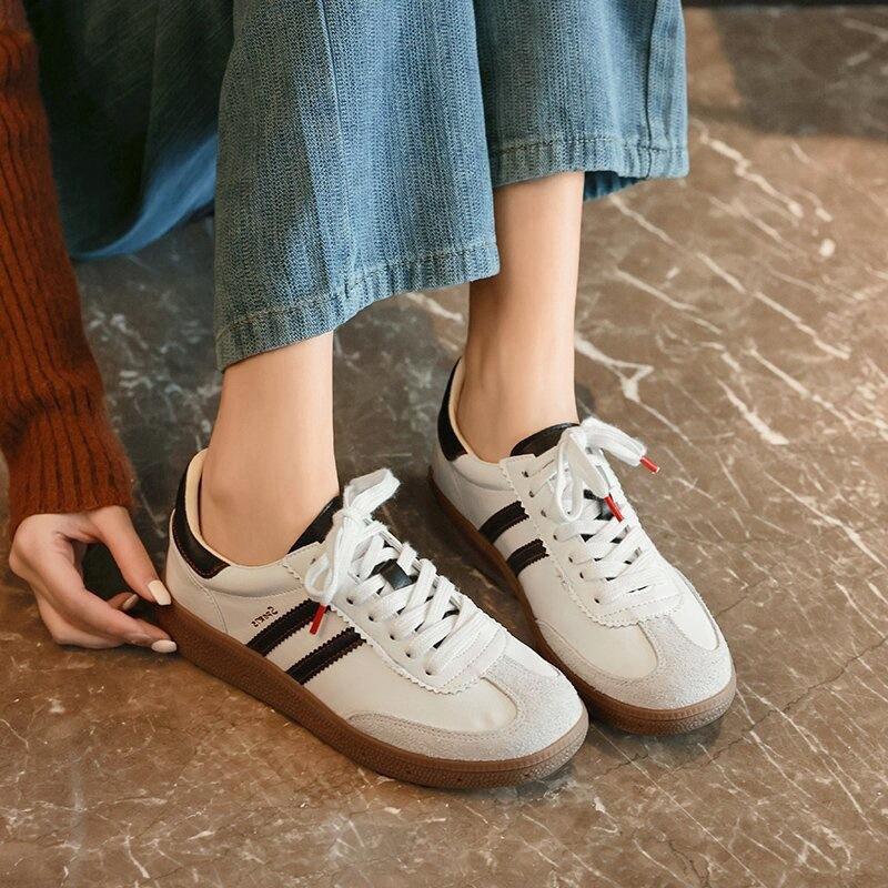 Leather retro German training shoes women's 2025 spring new versatile color matching Forrest Gump shoes sports and leisure shoes white shoes women