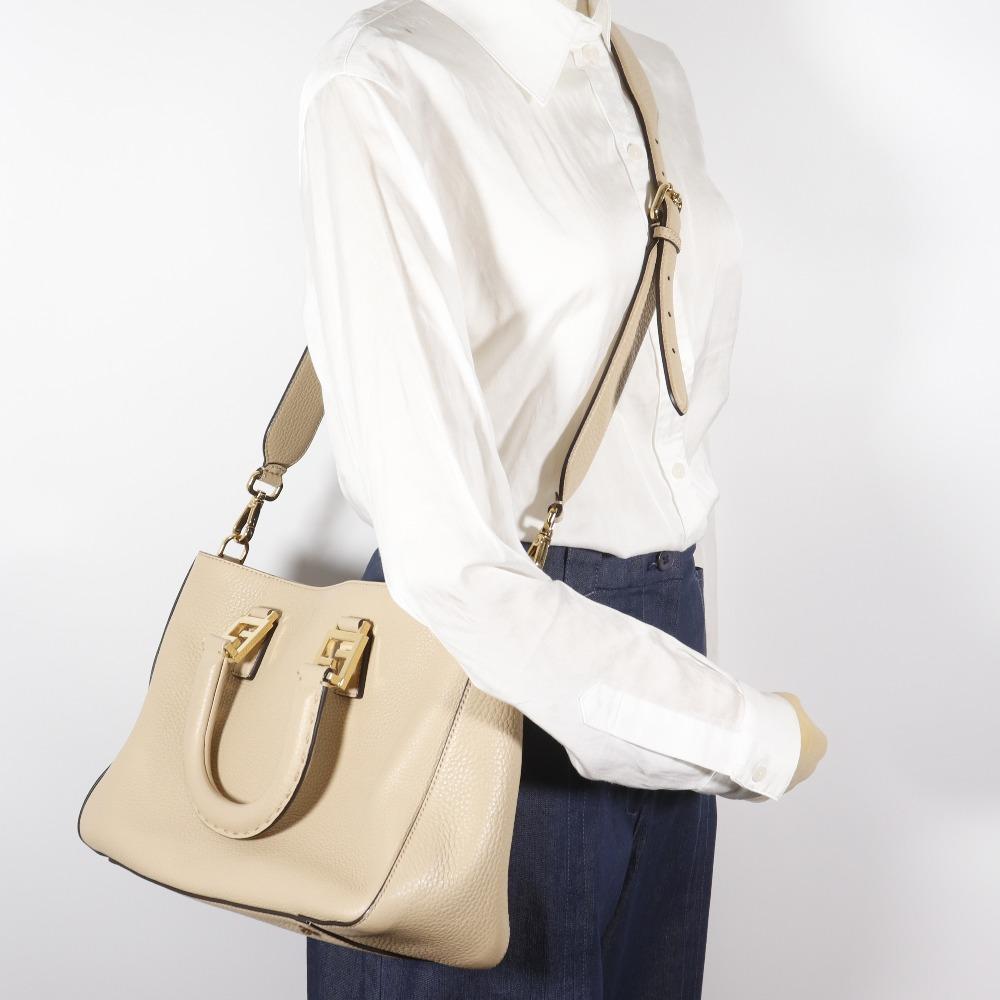 FENDI FF Tote Small Handbag 8BH367 2WAYShoulder beige Calfskin Women Used