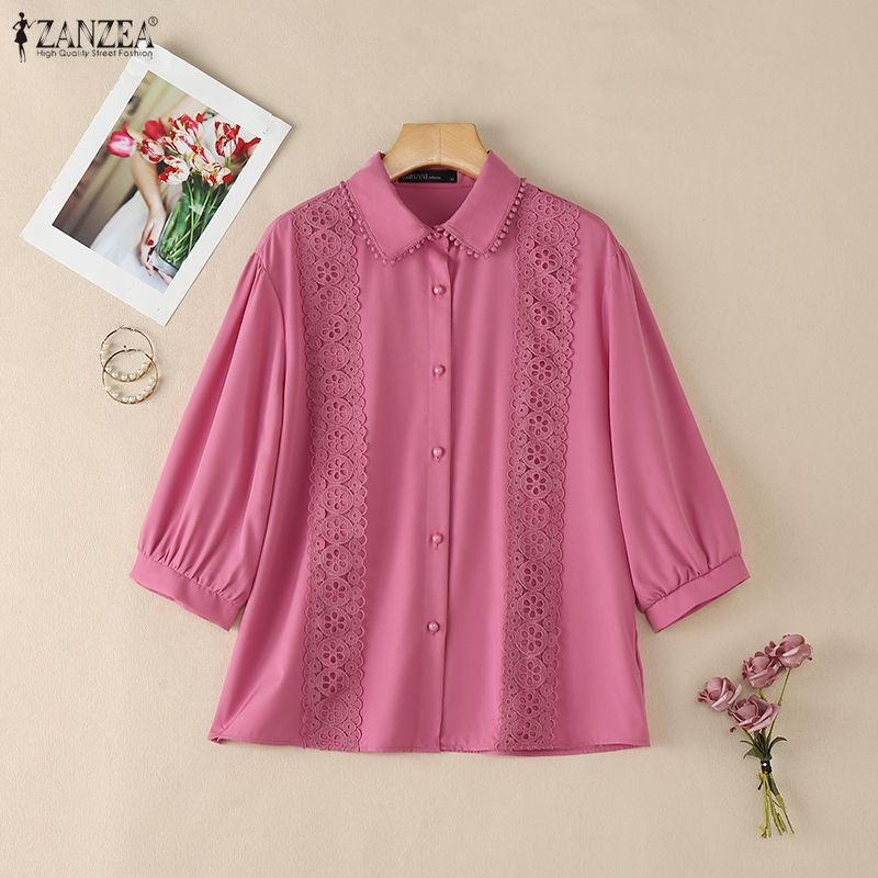 ZANZEA Women Casual Turn Down Collar 3/4 Sleeve Lace Splice Blouse
