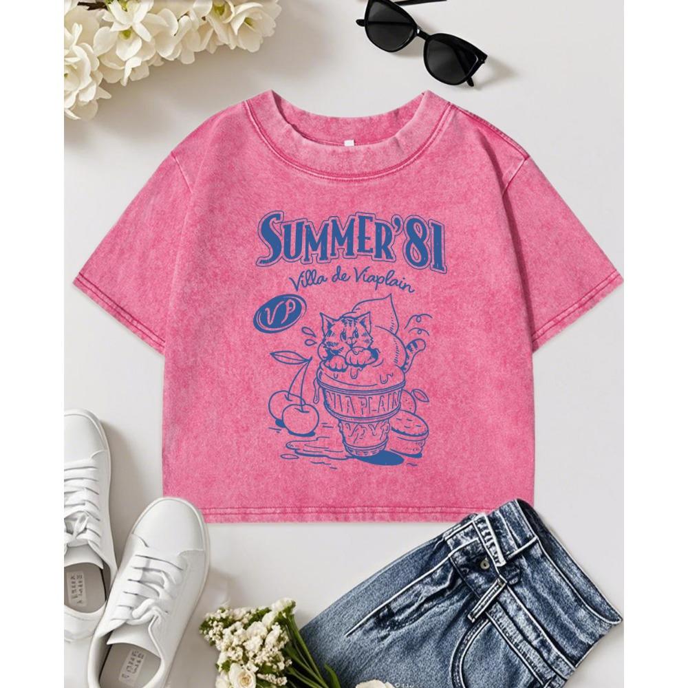 Summer 81 Cartoon Cherry Cats Prints Washed Crop T-Shirts Women Retro Cotton T-Shirt Summer Slim Clothing Tops