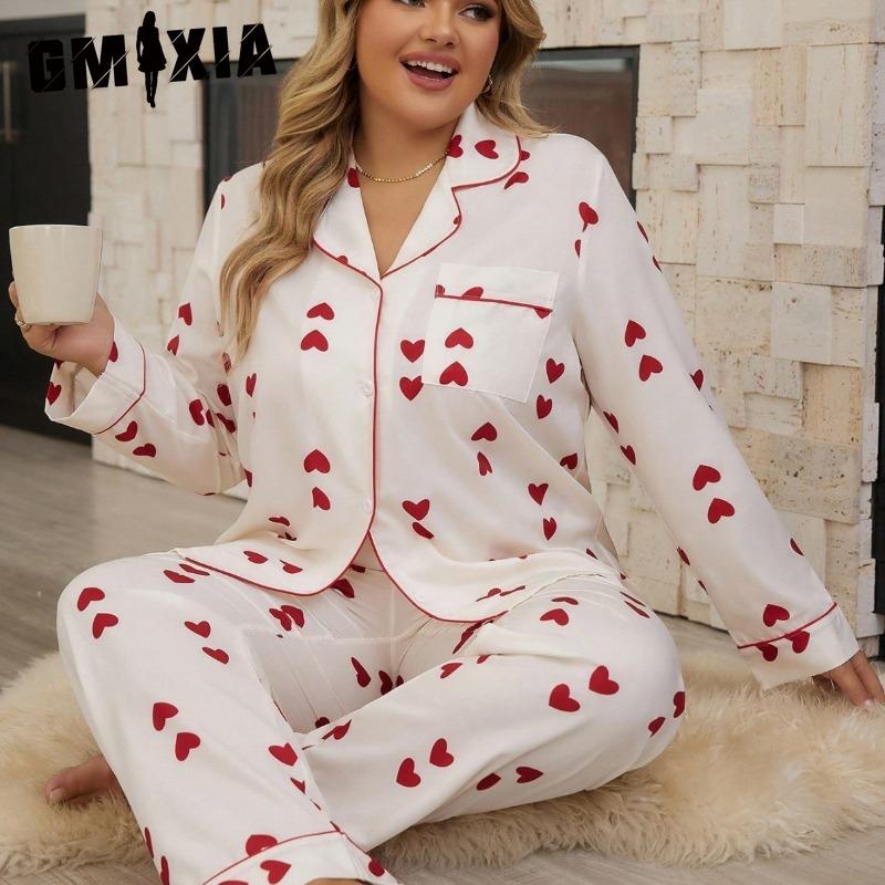 GMXIA Pajamas Women's Cardigan Long-sleeved Trousers Homewear Plus Size Two-piece Set
