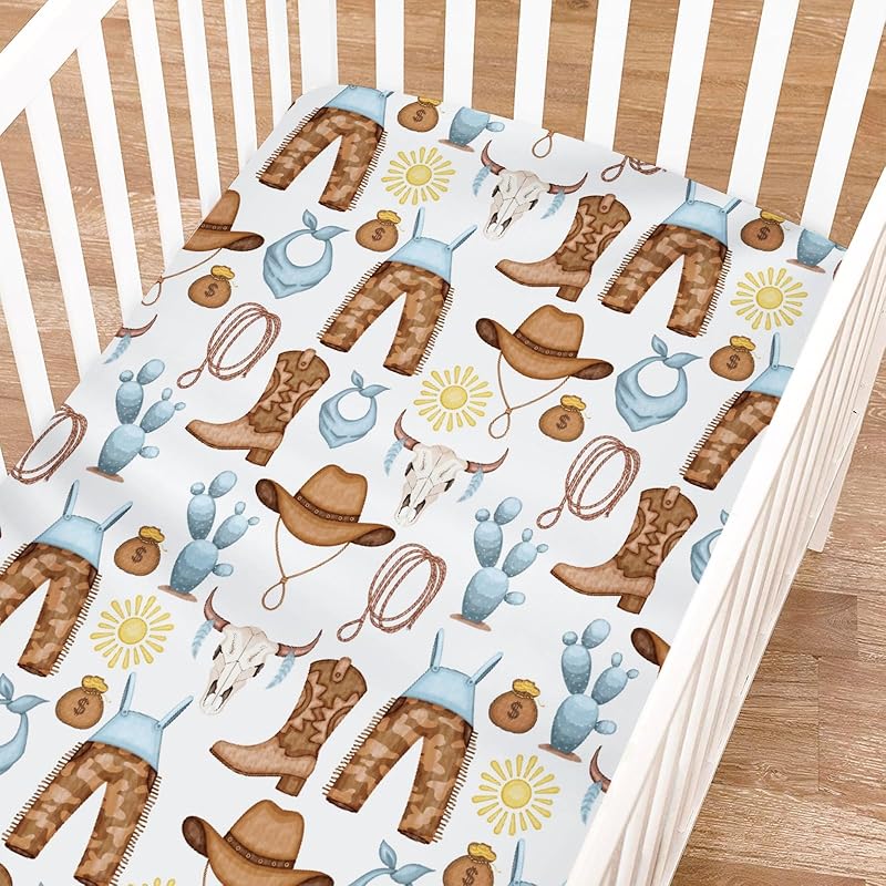 Pink Western Cowgirl Cowboy Fitted Baby Crib Sheet for Boy Girl 52"x28" Desert Cowboy Hat Boot Sun Cactus Soft Breathable Baby Crib Mattress Bed