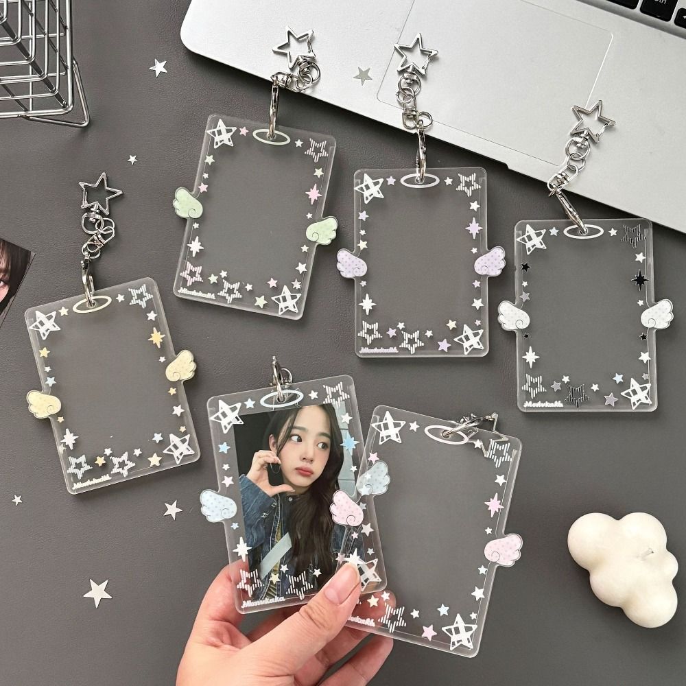Clear Acrylic Photocard Holder 3 Inch Card Display Colorful Angel Wings Card Holder Bag Pendant Card Protector Bus Card
