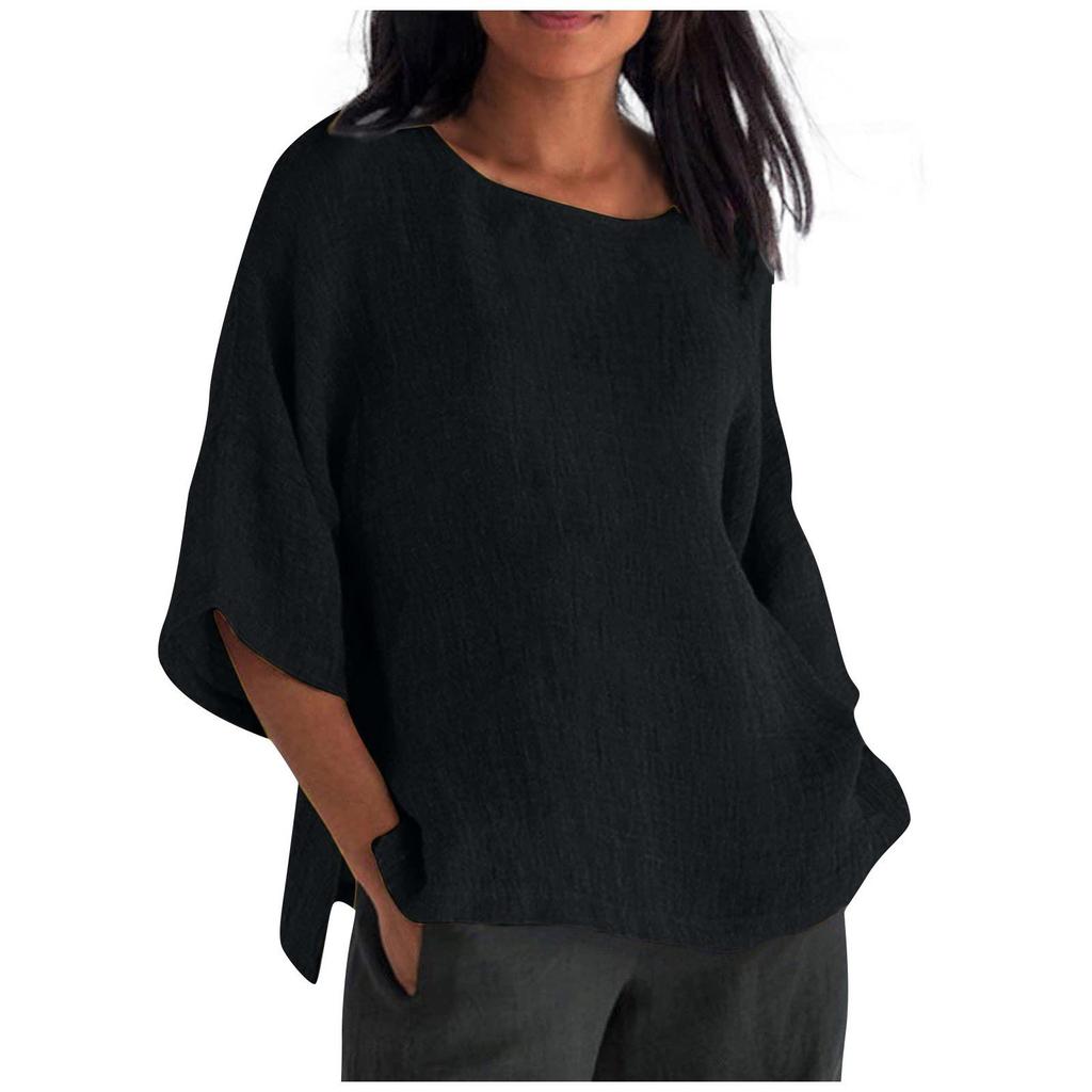 Women's Cotton Linen Three-Quarter Sleeve Shirt - Round Neck Top