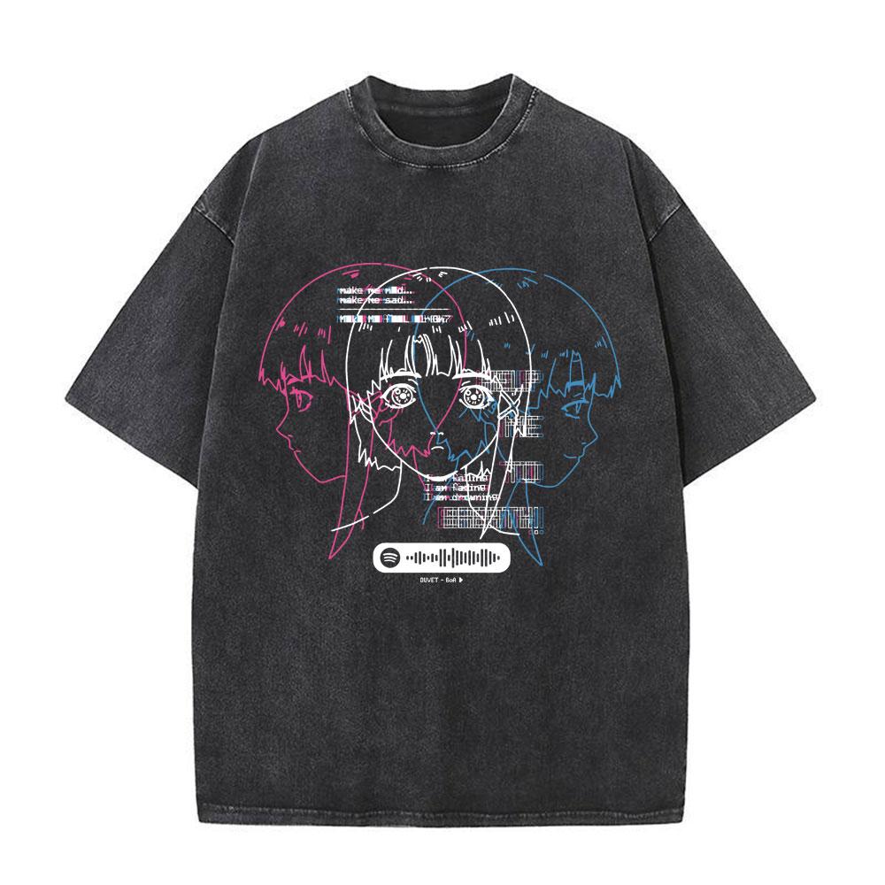 Japanese Anime Serial Experiments Lain Vintage Washed T Shirt Manga Iwakura Girl Sci Fi T-shirts Men 100% Cotton Casual T Shirt
