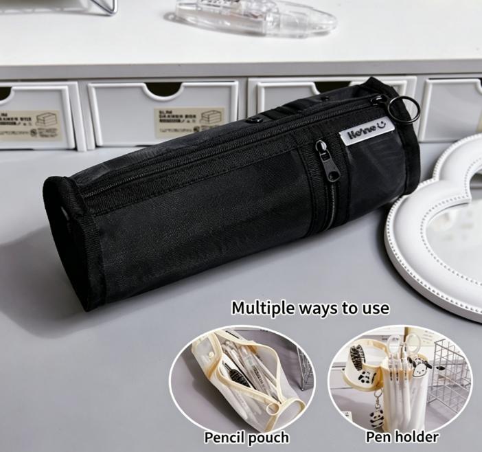 

Minimalist Transparent Mesh Pencil Case Large Capacity Flip-Top Solid Color Pen Holder Portable Stationery Storage Bag чорний