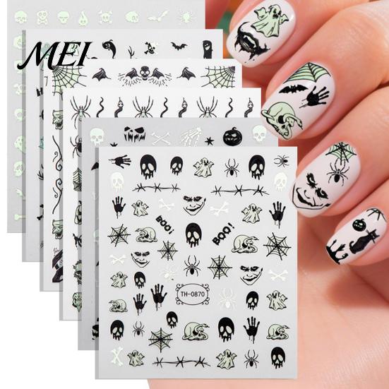 Ghost Manicure Decal 6 Sheets Halloween Glow-in-the-dark Nail Sticker, Spooky Pumpkin Skull Party Art Decor Decal, DIY Decoration Favors for