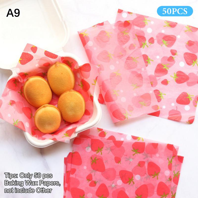 50Pcs Food Grade Baking Wax Paper Strawberry & Floral Patterned Paper Squares Non-Stick Cake Burger Chips Wrapping Papers