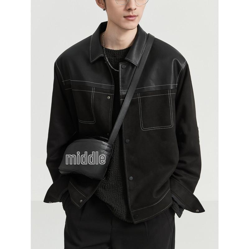 

Мужская куртка из высококачественной замши с прострочкой - весна/осень 2023 г., корейский свободный крой XL чёрный