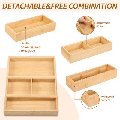 3Pcs Drawer Organizers Set Pure Bamboo Desk Drawer Dividers Bathroom Makeup Storage Box Kitchen Organizer