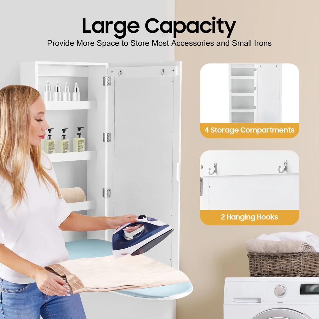 Wall Mount Ironing Board Cabinet with Mirror 180° Swivel Foldable Ironing Board w/ Storage for Home, Apartment and Small Spaces