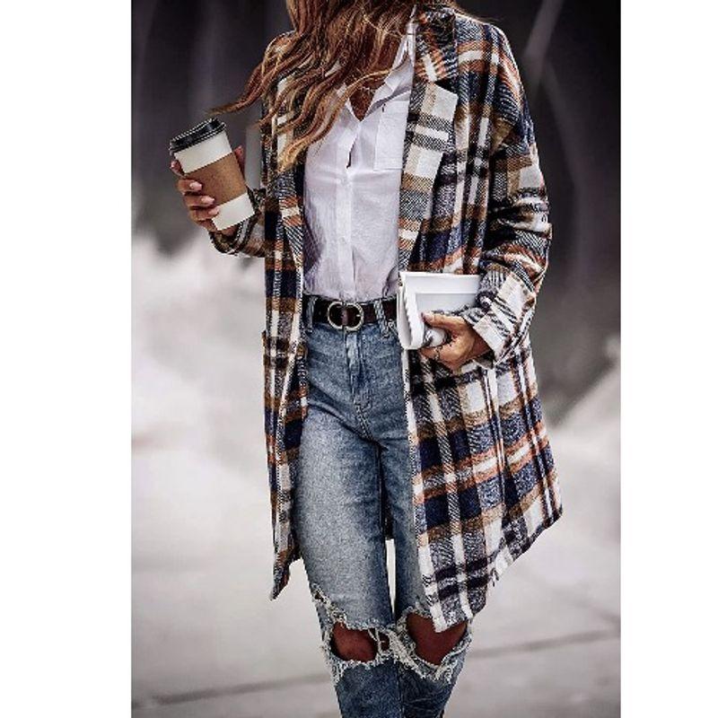 

Fall and Winter New Arrival European Station Suit Collar Single-Breasted Gingham Pattern Pocket Mid Length Long Length Long-Sleeved Woolen Coat Coat Dark Blue L